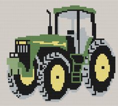 a green tractor with yellow wheels on it's front end is shown in this cross stitch pattern