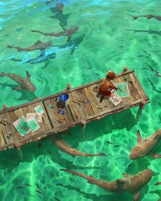 a group of people sitting on a wooden raft in the middle of some water surrounded by fish