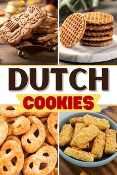 the cover of dutch cookies is shown with pictures of different types of cookies and waffles