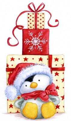 a watercolor painting of a penguin in front of a christmas present with snowflakes