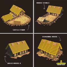 four different views of a small house made out of logs and wood, with instructions to build it