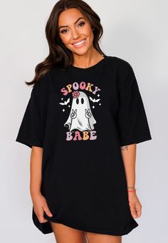 Spooky Babe Ghost Halloween Shirt, Halloween Ghost Tee, Spooky Season Outfit, Spooky Ghost Shirt, Halloween Ghost T-Shirt, Spooky Babe Tee, Halloween Party Clothing, Spooky Season Shirt, Halloween Gift for Her, Spooky Vibes Outfit, Spooky Ghost Tee, Halloween Matching Dress, Cute Ghost Shirt 👻This Spooky Babe Ghost Halloween Shirt is a perfect gift for everyone! Our shirts are made with the highest quality materials & are super soft, comfy & cozy! 👻 🟢 HOW TO ORDER 🟢 1. Check and Review ALL P Spooky Halloween Tops, Spooky Black Top With Character Print, Spooky Halloween Tops With Funny Print, Cute Halloween Streetwear Tops, Fun Black Top For Halloween, Fun Black Tops For Halloween, Cute Tops For Halloween Streetwear, Black Novelty Short Sleeve Tops, Cute Halloween T-shirt For Streetwear