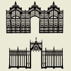 an image of three gates that are in the same style as each other on a white background