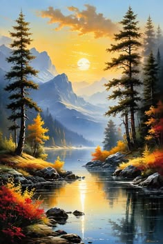 a painting of the sun setting over a mountain lake with trees and mountains in the background