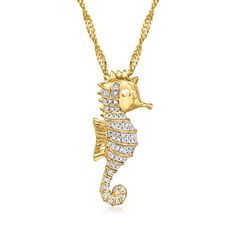 Ross-Simons - .16ct t. w. Diamond Seahorse Pendant Necklace in 18kt Yellow Gold Over Sterling. This tiny seahorse shines through the deep blue sea! Sparkling with .16 ct. t. w. round diamonds, the 18kt yellow gold over sterling silver pendant necklace is perfect for anyone who loves all things aquatic. Suspends from a Singapore chain that adjusts from choker length to 24". Lobster clasp, diamond seahorse pendant necklace. Diamond birthstones are the perfect gift for April birthdays. The Deep Blue Sea, Seahorse Pendant, Diamond Birthstone, Deep Blue Sea, Fine Jewelery, Jewelry Essentials, Wooden Jewelry Boxes, Sterling Silver Necklace Pendants, Girly Jewelry