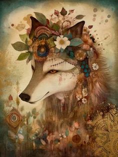 a painting of a wolf with flowers on its head