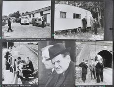 black and white photos of people standing around a building