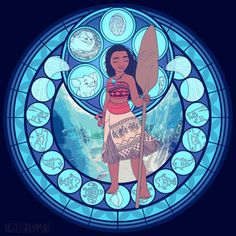 a stained glass window with a native american girl holding a paddle and surrounded by zodiac signs