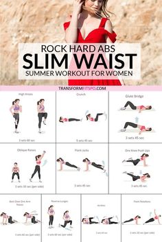 an image of a woman doing exercises on her stomach with the text rock hard abs slim waist