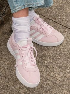 Vl Court 3.0, Adidas Vl Court 3.0 Sneaker Outfit, Adidas Court 3.0, Vl Court 3.0 Outfits, Adidas Vl Court 3.0, Womens Sneakers 2024, Pink Clothes Aesthetic, Cute Pink Shoes, Pink And White Sneakers