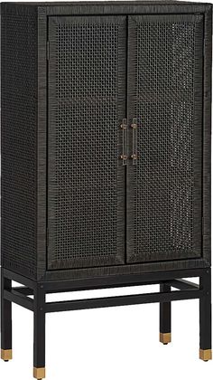 an outdoor cabinet with two doors and one drawer on the bottom, in dark brown wicker