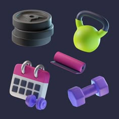 an assortment of exercise equipment on a dark background