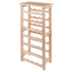 a wooden wine rack is shown against a white background