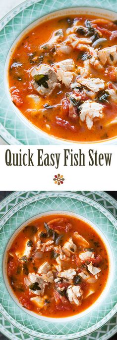 two plates with different types of food on them and the words quick easy fish stew