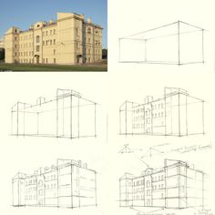 four different views of the same building, each with its own perspective and elevation lines