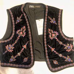 Zara Velvet Vest With Sequin Design. Brand New. Size Medium Vintage Black Vest For Spring, Black Vintage Vest For Spring, Winter Bohemian Black Vest, Zara Black Fitted Vest, Zara Black Vest For Spring, Zara Vest, Velvet Vest, Sequin Design, Zara Jackets