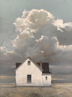 a painting of a white house in the middle of a field under a cloudy sky