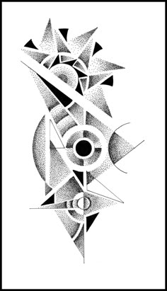 a black and white drawing of an abstract design with circles, triangles, and shapes