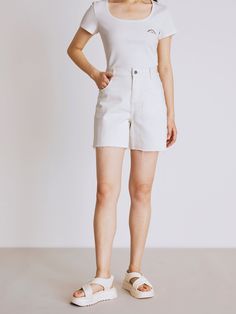 Details: High waist, loose small A shape Raw edge leg design Customized 'URL' embroidered label Cotton stretch white denim material Materials & Care: Cotton 98.2%, Spandex 1.8% 30° water wash, gentle dry clean Do not bleach Size & Fit: Model is 5'7", Bust 32, Waist 24, Hips 35, wearing a size S Item #: IM2DP10 Cotton Jean Shorts For Spring, Short Cotton Jeans For Spring, Cotton Bottoms With Frayed Hem, Spring Cotton Short Jeans, Spring Short Cotton Jeans, Summer Straight Leg Cotton Jean Shorts, High Rise Cotton Shorts With Five Pockets, Relaxed Fit Cotton Short Jeans, Trendy White Straight Leg Jean Shorts