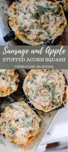 sausage and apple stuffed acorn squash with parmesan cheese on top is an easy dinner recipe