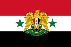 the flag of iraq with two eagle emblems on each one side and three green stars