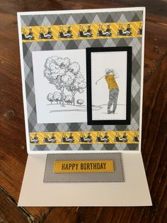 a handmade birthday card with an image of a man playing golf