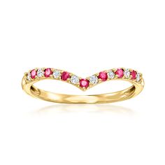 Ross-Simons - .10ct t. w. Ruby, .10ct t. w. Diamond Chevron Ring in 14kt Yellow Gold. Size 6. RS Pure. Modern designs that complete your outfit and complement your personality. Inspire your minimalist aesthetic with our dainty chevron ring. Perfect for stacking, this simple style features .10 ct. t. w. ruby and .10 ct. t. w. diamond rounds in polished 14kt yellow gold. 1/8" wide. Diamond and ruby chevron ring. Ruby birthstones are the perfect gift for July birthdays. Dainty Ruby Ring, Ruby Birthstone, Ring Ruby, Chevron Ring, Boot Jewelry, Toddler Boy Shoes, Ideal Wedding, Cherry On Top, Hair Fragrance