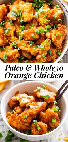 orange chicken in a white bowl with green garnish and text overlay that reads pale & whole go orange chicken