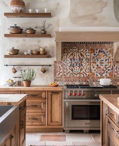 a kitchen with wooden cabinets and tile backsplashes on the wall above the stove