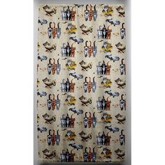 a shower curtain with an image of people and animals on it, in front of a white background