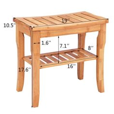 a wooden table with measurements for the top and bottom shelf on it's side