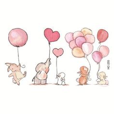 an elephant and other animals are holding balloons