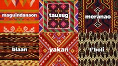 several different types of fabric with the words maquinnana, meranao, and boi