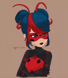 a drawing of a woman with red and blue hair wearing a black bodysuit, polka dot