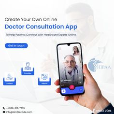 a person holding up a cell phone with an image of a doctor on the screen