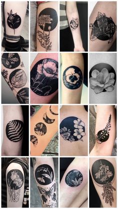 many different images of tattoos on the arm and leg, all with flowers in them