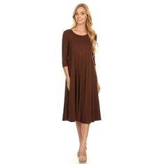 Product Description: This dress is made from a soft jersey knit fabric that feels great against the skin and drapes nicely. The 3/4 sleeves provide just the right amount of coverage, making this dress a great choice for transitioning between seasons. The round neckline is versatile and pairs well with different accessories. Size Chart(Inches) / D393-SD22 L => Chest: 38-40 / Length: 43 M => Chest: 36-38 / Length: 42.5 S => Chest: 34-36 / Length: 42 Color: Brown.  Gender: female.  Age Group: adult Basic Dresses Casual, Basic Dresses, Relaxed Dress, Solid Midi Dress, Solid Maxi Dress, Moa Collection, Usa Dresses, Comfy Dresses, Midi Dress Casual