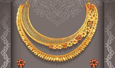 a gold necklace and earring set on a gray background with ornate designs around it