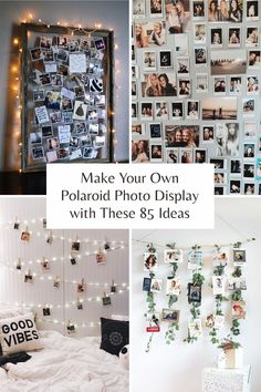 collage of polaroid photo display with lights and pictures on the wall above them