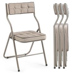 a set of four folding chairs next to each other with the same seat cushion on them