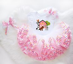 Barnyard Party Outfit, 3rd Birthday Farm Theme Girl, Pink Baa Moo I’m Two, Farm Girl Outfits, Farm Animals Barnyesrd Pink Bitthday, Cow Print Dress Toddler, Baby Girl Tutu, Cow Birthday, Farm Animal Birthday