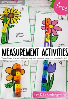 four pictures of flowers and blocks with the text measurement activities for kids to print out