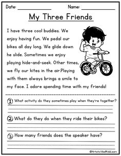 the worksheet for reading and writing about my three friends, which includes an image of