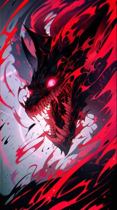 a red and black dragon with glowing eyes