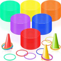 an assortment of colorful plastic rings and cones