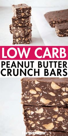 low carb peanut butter crunch bars stacked on top of each other with text overlay