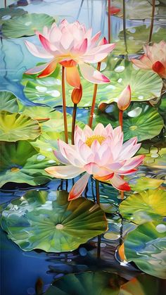 two pink water lilies floating on top of lily pads