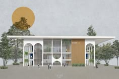 an artist's rendering of the exterior of a building with trees and people walking around