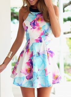 Blue Strap Floral Slim Flare Dress -SheIn(Sheinside) Mobile Site Iridescent Dress, Easter Dresses, Fancy Dresses, Spring Dresses, A Dress, Skater Dress, Pretty Dresses, Homecoming Dresses, Flower Power