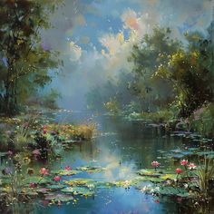 a painting of water lilies and trees